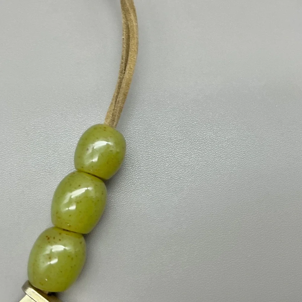 Chico's Necklace Green Brown Bib Statement Faux Suede Gold Tone Teardrop Boho